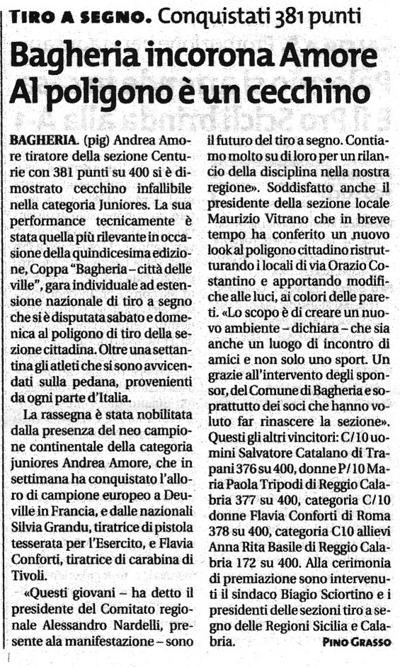 Ritaglio stampa: Bagheria incoronona Amore. Al poligono è un cecchino